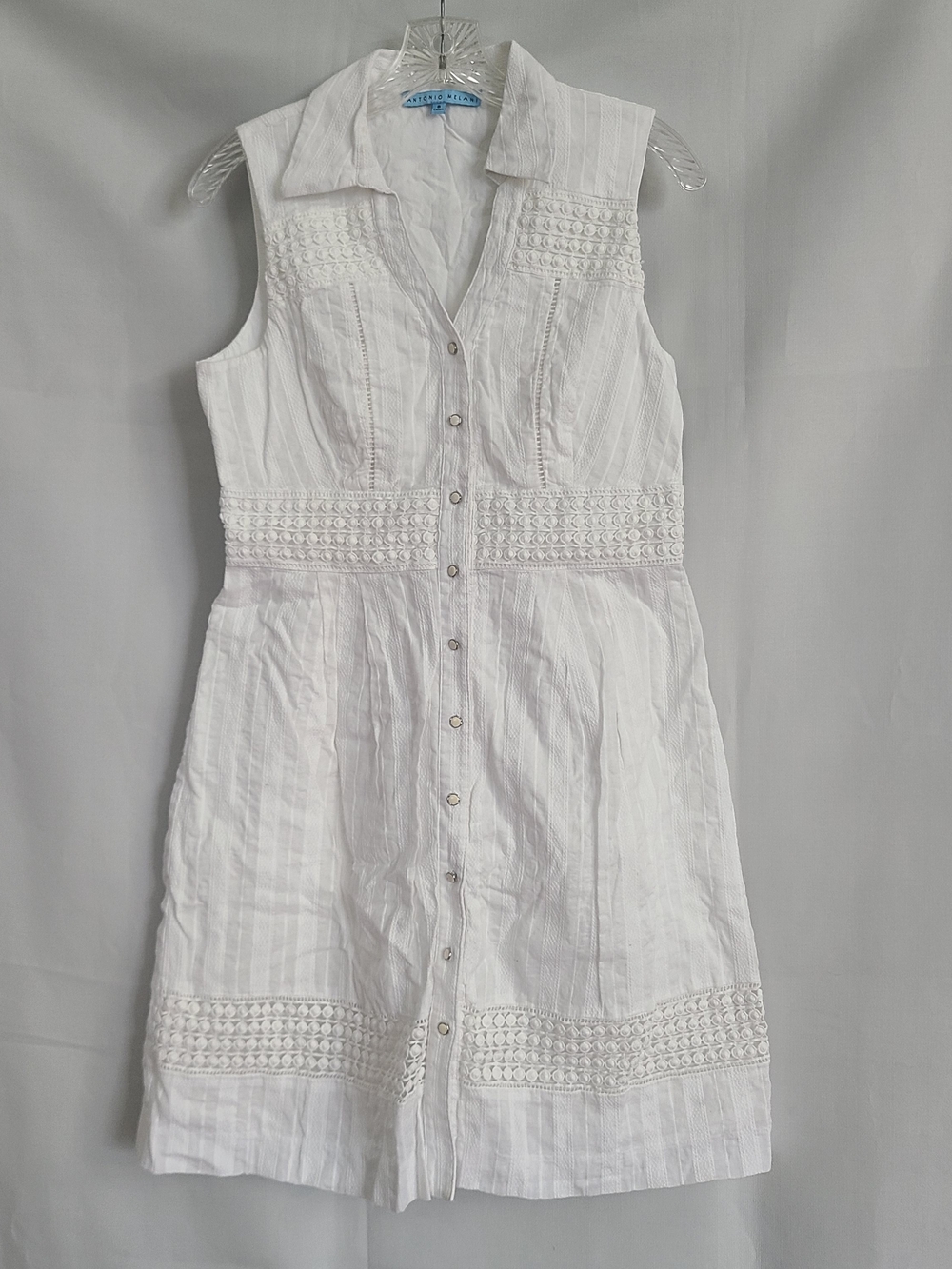 Antonio Melani Sz 8 White Lace Accents Front Button Coastal Preppy Beach Dress